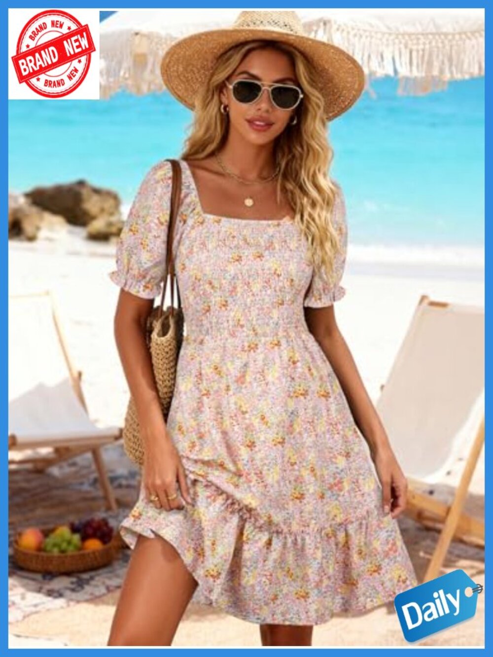 Square Neck Short Sleeve Smocked Sun Dress with Pockets Ruffle Boho - Picture 3 of 6